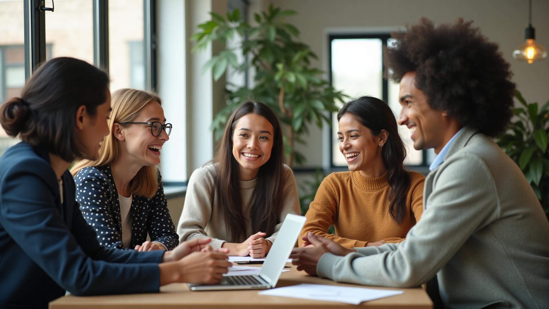 Diverse team collaborating in modern office